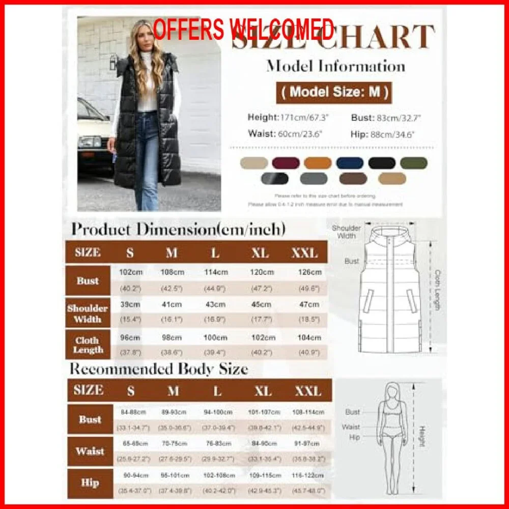 Women's Long Puffer Vest Sleeveless Jacket Zip Up Hooded Quilted - Picture 6 of 8